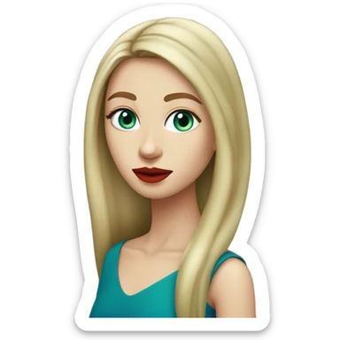 straight long curred hair, tomato red lipstick, blue-green bright eyes, white skin and a very small sharp nose sticker