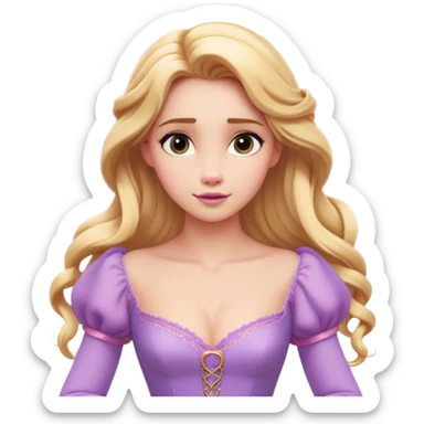 Cinematic Realistic Rapunzel Portrait, with porcelain-like skin featuring a subtle, natural glow, illuminated by soft lighting that brings out the gentle contours of her face. Her long, golden blonde hair cascades in detailed waves, each strand highlighted with a radiant shimmer as it catches the light. Her bright, expressive green eyes exude curiosity and warmth, framed by delicate lashes and soft, arched brows. Her expression is playful and vibrant, with a gentle smile. She is dressed in her classic lavender and pink gown, the fabric textured with delicate folds that flow naturally, catching the light with a soft, radiant glow. The portrait captures a luminous, enchanting aura, seamlessly blending realism with a whimsical, fairytale charm, evoking a timeless sense of beauty and magic. sticker