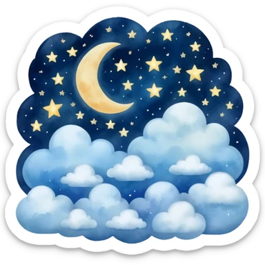 "A dreamy blue celestial night with stars, moon, and clouds, watercolor style." sticker
