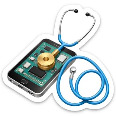stethoscope wrapped around a microchip, symbolizing digital health sticker