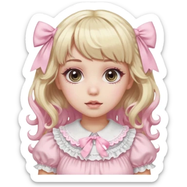 pale girl , who has curly medium length blonde and baby pink swirled hair with bangs , grey eyes , and doll like makeup , in a light pink lolita hime gyaru dress emoji | AI Emoji Generator sticker