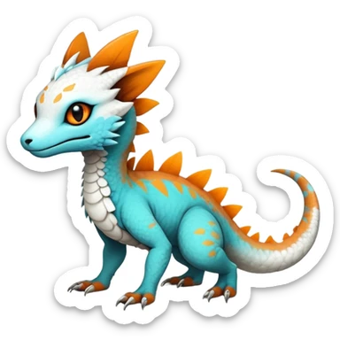 Rare realistic exotic cute white gloomy whitish and orange and cyan epic pretty beautiful handsome gorgeous aesthetic colorful vibrant Vernid-Trico-species-Fakemon-Salandit-hybrid-creature by LiLaiRa, 4 legs, 1 tail, random markings, (full body) sticker