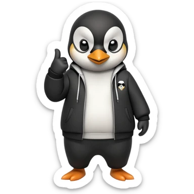 friendly anthropomorphised penguin wearing a mafia-style tracksuit, secretive scheming pose, soprano vibe, angry expression, walking quickly with a brisk purposeful stride, holding a knuckle duster sticker
