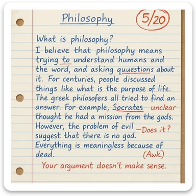handwritten high school philosophy assignment, blue ink, lined paper, grade 5/20 circled in red at top right, teacher's feedback in red, some underlined mistakes sticker