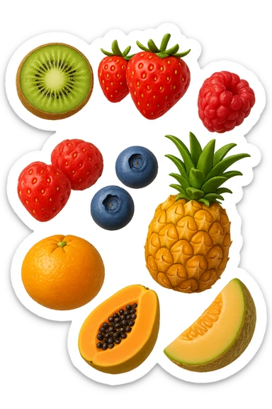emoji stile iphone 3d di kiwi, fragole, lamponi, mirtilli, ananas, mandarini, papaya, melone cantalupo
 che fluttuano in aria, iperealistico 4k sticker