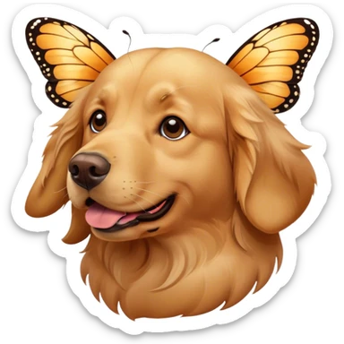 a golden retriever with a butterfly on nose sticker