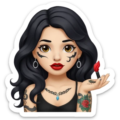 I want to create a female emoji with long black wavy hair and arm tattoo with her nose pierced and black lip stick sticker