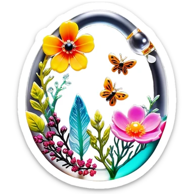 Create an icon that represents decorative arts using epoxy resin. The design should feature colorful tubes of resin, including fluorescent resin tubes, with visible drops or strokes of resin being applied to create intricate designs. Include finished resin jewelry pieces, such as pendants or rings, containing preserved flowers and insects encased in clear resin. The composition should feel vibrant, artistic, and delicate, showcasing the unique beauty of resin art with natural elements. The background should be transparent sticker