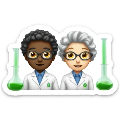 A pair of child scientists in the middle of an experiment (one man and one woman) sticker