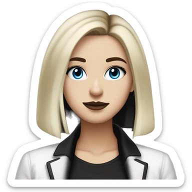 waist-length portrait, look up, Slavic adult woman, goth eyes makeup, blue eyes, medium bob black-to-blonde ombre straight hair, white T-shirt and black office jacket. sticker