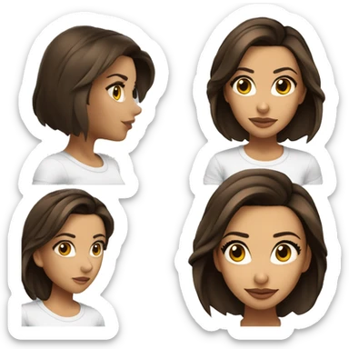 3/4 face, contrasted, shadow, light, Eva Longoria expression, standing from a distance, thin nose, brunette woman, hazel eyes, long eyelashes, dark shoulder shaded hair, white t-shirt, jeans, white sneakers sticker