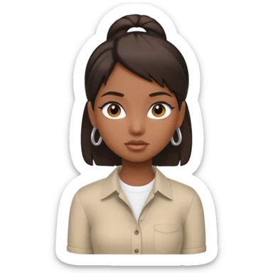generate a pretty bratz girl with dark brown eyes. Dark brown hair straight short hair. tight beige button up shirt with top shirt open.  airpods in ear sticker