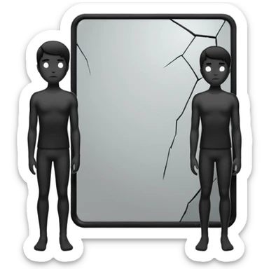 Minimalist emoji-style sticker of a person standing in front of a cracked mirror. The mirror shows a dark shadowy silhouette or distorted figure instead of a reflection. Flat black and white design with muted gray tones. No text. Bold, clean lines. Square composition. No shading or gradients. sticker