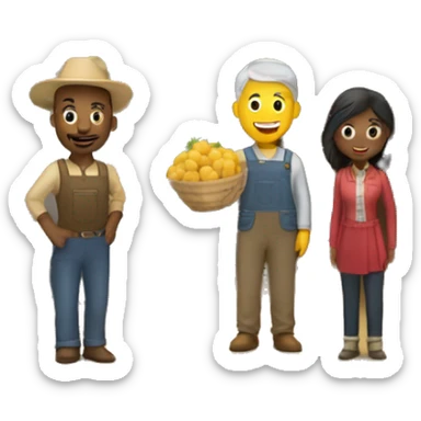barn with two farmers, one male and one female and some customers of various ethnic backgrounds sticker