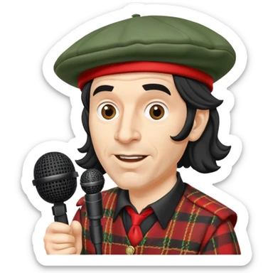 Nardwuar with his iconic tam o' shanter hat and microphone sticker