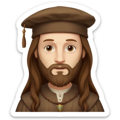 Leonardo da Vinci as an emoji, classic Renaissance look, long hair, beard, wearing a cap, neutral expression sticker