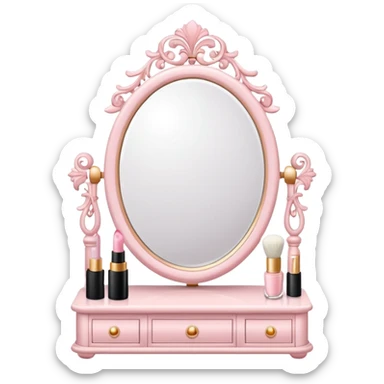White Makeup vanity with light pink makeup, with a mirror sticker