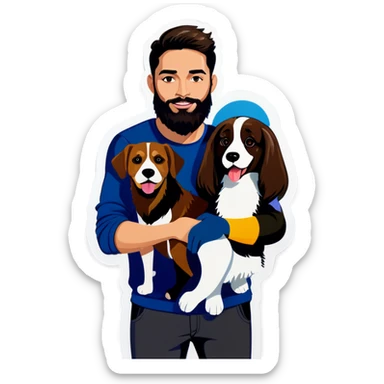 Brunette woman and brunette man with beard with a mixed race brown and black and white dog  sticker