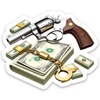Icon for Action & Crime Reading: an open book with intense action scenes, a revolver, handcuffs, and a stack of cash. Surrounding elements include a dark alley, a police badge, and a pair of sunglasses. The icon should evoke tension, suspense, and action. Transparent background. sticker