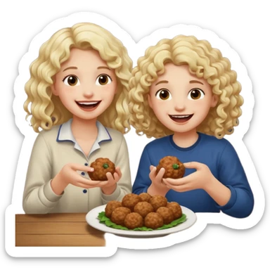 Ragazza bionda leggermente riccia e lunghi che ride ad un ragazzo con i capelli ricci scuri mentre mangia polpette sticker