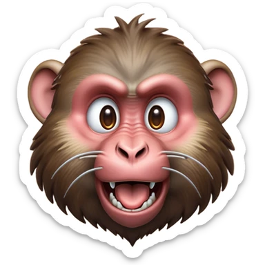Cinematic Comical Baboon Portrait Emoji, Head tilted dramatically with an exaggeratedly amused expression, featuring a strikingly textured Fur of deep browns with wide, expressive eyes filled with playful disbelief, Simplified yet hilariously expressive features, highly detailed, glowing with a slightly sassy glow, high shine, dramatic yet playful, stylized with an air of cheeky mischief, bright and endearing, soft glowing outline, capturing the essence of a spirited and over-the-top baboon, so meme-worthy it feels like it could chatter its way into internet fame instantly! sticker
