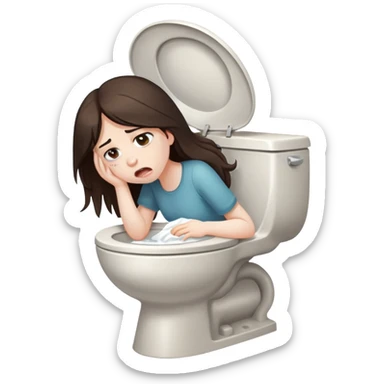 girl with long dark brown hair and pale skin hungover vomits into a toilet sticker