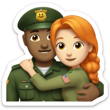 a orange hair girl hugs, a dark haired white man in a green military uniform sticker