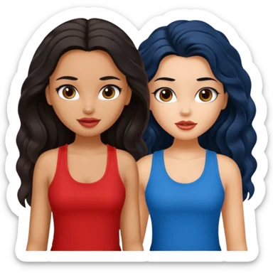 generate a pretty tan bratz girl with brown wavy hair long wearing a red tank top. talking to a girl with black hair wearing blue sticker