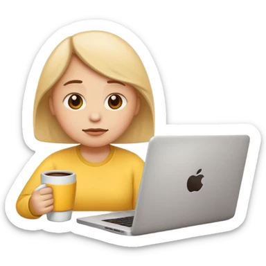 slouching emoji with a tired expression, leaning beside a coffee mug and an open laptop sticker
