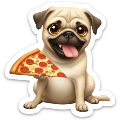 Cute beige pug, having a pizza slice in his mouth playing catch sticker