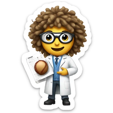 cartoon scientist with wild hair, wearing a lab coat and goggles holding a baseball hitting chart sticker
