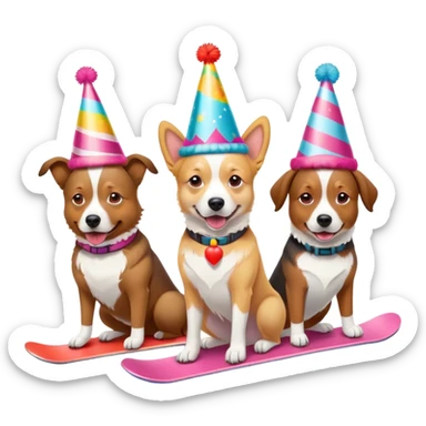 3 dogs snowboarding birthday party sticker