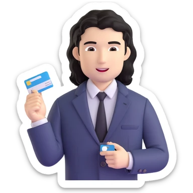 Business strategist with black wavy hair, stubble, chiseled face, wearing blazer and button-up shirt, engaged in conversation at a networking event, holding business card, surrounded by other professionals, social business setting sticker