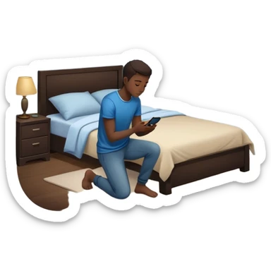 A Gen Z young person kneeling beside bed in bedroom at night praying, smartphone on nightstand, wearing casual clothes, dim lighting, posters on wall sticker