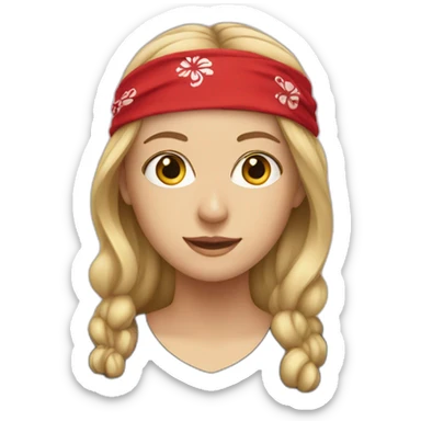 White woman in a black T-shirt and a red bandana sticker