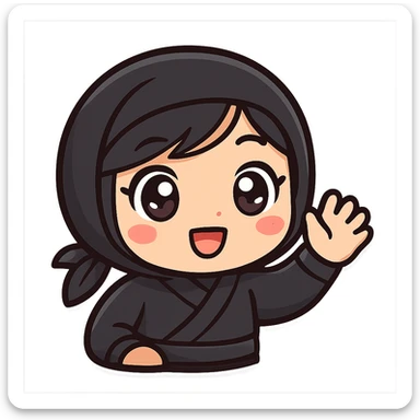 Super cute kawaii chibi style ninja girl with big sparkling eyes, round face, soft colors, playful charm, black short hair with a blonde streak, only head and arms visible, bold outlines, no mask, hand fully raised waving to the right, smiling, sized for Twitch emoji use. sticker