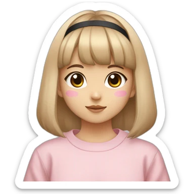 young korean girl with straight bangs and beige face mask and black headband and pink crewneck sweatshirt holding eevee sticker