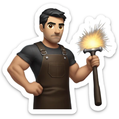 "A muscular man with soot on his face, short dark hair, and a determined expression. He wears a leather apron, holds a hammer, and stands near an anvil with glowing sparks." sticker