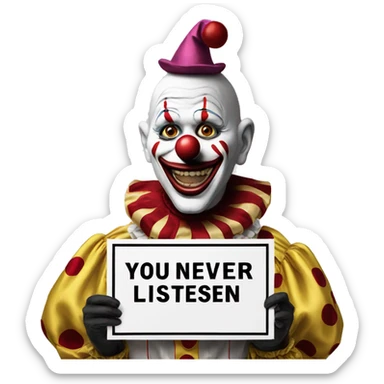 Clown holding a sign stating, "you never listen" sticker