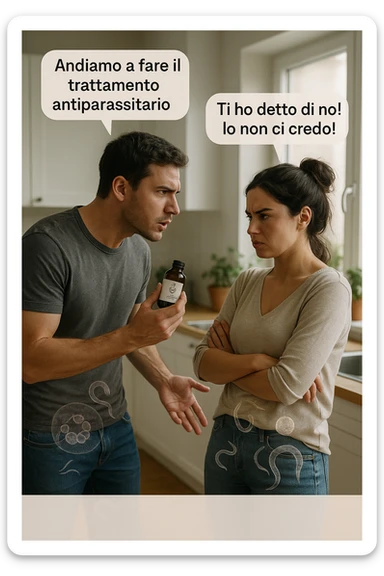 A highly realistic, cinematic photo of a young couple in their early 30s having an argument in a bright modern kitchen. The man, athletic build, wearing a casual T-shirt and jeans, is speaking firmly with a raised hand holding a small amber glass bottle labeled with a subtle herbal symbol, saying 'Andiamo a fare il trattamento antiparassitario' with a determined expression. The woman, with long dark hair tied in a messy bun, casual home outfit, crosses her arms with an angry, defensive expression, replying 'Ti ho detto di no! Io non ci credo!' while slightly turning away. Tension is visible in their body language, with the man leaning forward trying to explain and the woman leaning back, her eyebrows furrowed. Around them, subtle ghostly overlays of microscopic parasites are faintly visible near their abdominal areas, symbolizing the hidden reason for the argument. The kitchen is bright and modern with plants and natural light, contrasting the emotional tension. The style is hyperrealistic with warm tones and shallow depth of field focusing on their facial expressions, illustrating the conflict between belief in natural treatments and skepticism within the couple regarding hidden parasitic infections. in italiano sticker