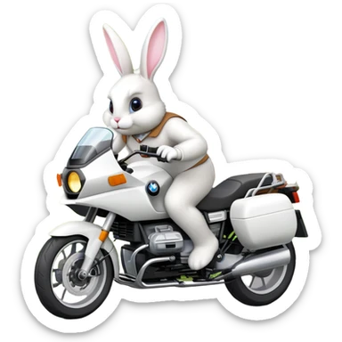 Easter bunny riding a BMW boxer motorcycle with trees and grass in the background, colorful Easter eggs hidden in the grass, and more bunnies watching from the side of the road sticker