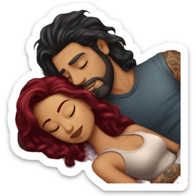 Beautiful tattooed burgundy long haired woman laying on the boyfriends chest sticker