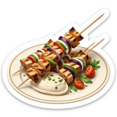 cinematic-realistic-souvlaki-dish-emoji,-showcasing-skewered,-2 grilled-chicken-with-mediterranean-spices-rendered-with-dynamic-textures-and-warm,-appetizing-lighting on pita bread on a plate sticker