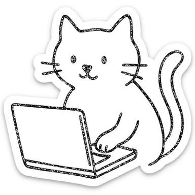 hand-drawn outlined icon of a cat using a laptop sticker
