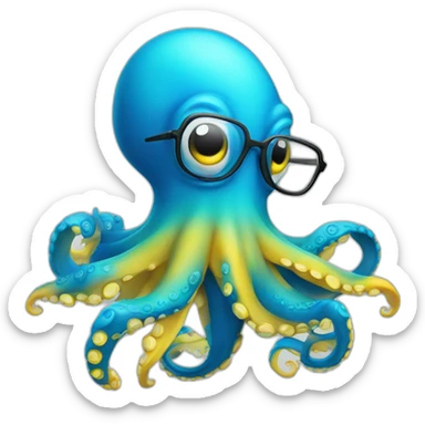 A smiling blue octopus with yellow under arms, blue coloured itself and round thin glasses sticker