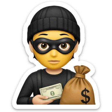 A yellow guy with a black beanie white shirt with black stripes a black mask for it's eyes and holding a money bag with yellow hair sticker