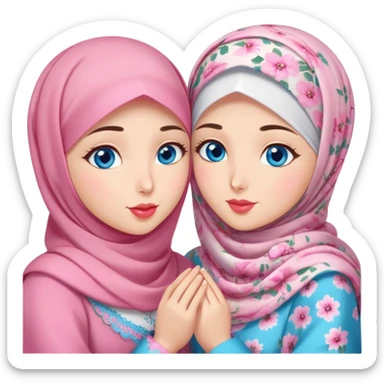 Two friendly Turkish girls beautiful finish Konya blue eyes with pink floral hijab and heart dress and Scattering kisses outside  sticker
