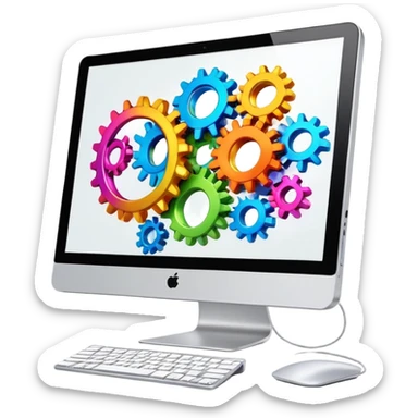 iMac computer with colorful gears on the screen sticker
