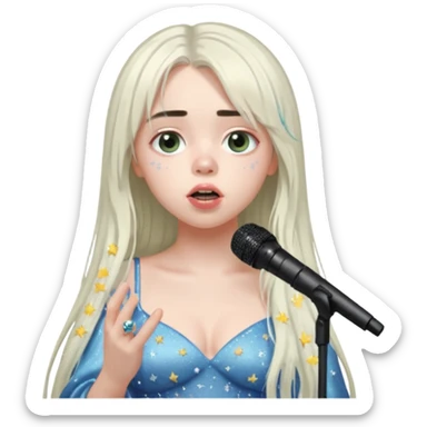 billie eilish is singing, holding mirco and twinkle dresss, white long hair, thin  sticker