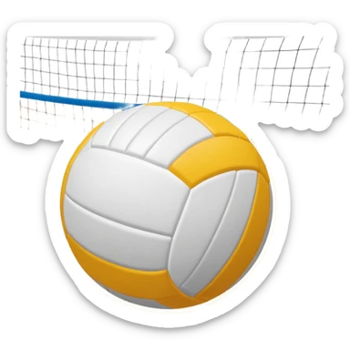 The background shows the stands filled with spectators, creating an energetic atmosphere of a volleyball match, with attention to detail on the equipment and the surrounding environment. A close-up of a volleyball on the court, with the net in focus and the court markings visible.  sticker